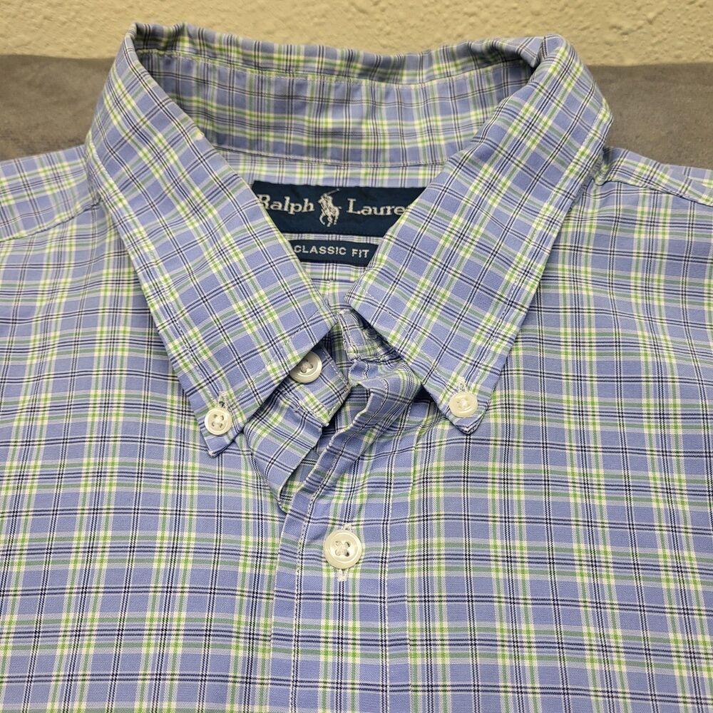 Ralph Lauren Button Down Cotton Dress Shirt Blue Plaid XL Preppy Classic Fit